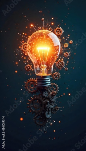 A lightbulb illuminates a complex network of interconnected gears, symbolizing the birth of a brilliant, innovative idea and the intricate process of its development , business, vision