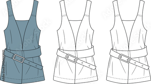 Fashion technical flat, belted sleeveless tunic top, women’s vest design, apparel template, garment sketch, sewing pattern, stylish outline

 flat vector illustration