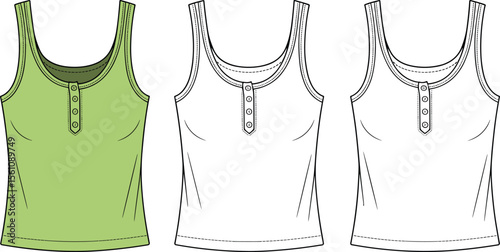 Sleeveless henley tank top, women’s summer wear, scoop neck shirt, front button detail, fashion flat sketch, apparel design template flat vector illustration