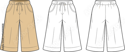 Wide leg drawstring pants, fashion flat sketch, elastic waistband, casual comfort, technical drawing, front and back view, apparel illustration flat vector illustration