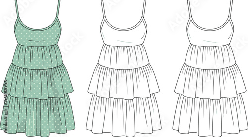 Tiered polka dot dress, fashion flat sketch, summer casual wear, strappy silhouette, technical illustration, front and back view flat vector illustration