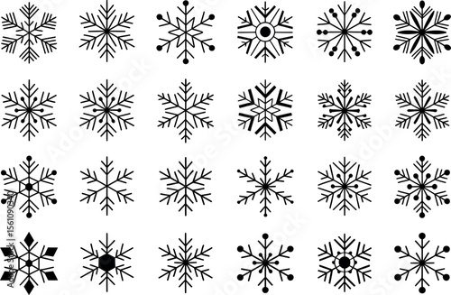 A collection of twenty four unique snowflake designs in black and white on a white background