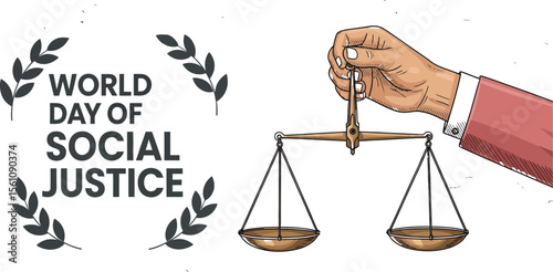 World day of social justice with hand holding scales against a world map background design vector