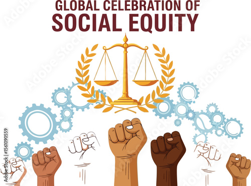 Global celebration of social equity with raised fists and scales of justice illustration