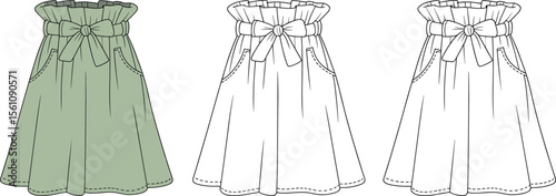 High waist flared skirt illustration, paper bag waistband, bow tie detail, technical fashion sketch, women's clothing design template, flat drawing flat vector illustration