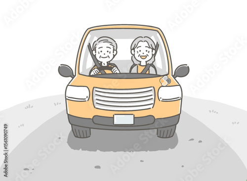 車を運転する高齢者夫婦の背景ありイラスト
