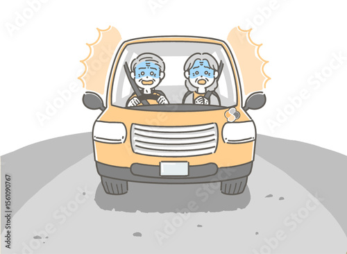 驚いて青ざめた表情の、車を運転する高齢者の背景ありイラスト
