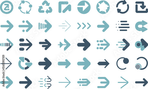 A collection of various arrow icons in different styles and orientations arranged in a grid pattern