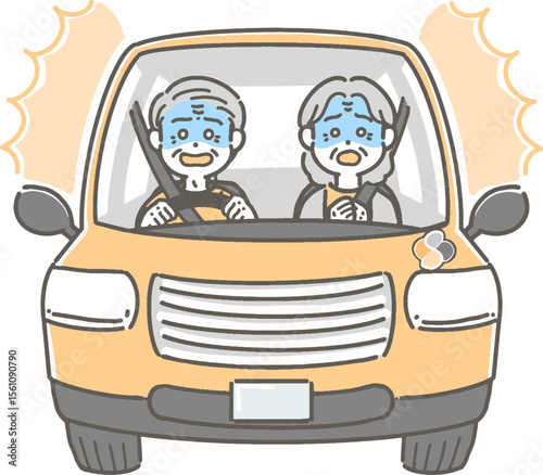 驚いて青ざめた表情の、車を運転する高齢者のイラスト
