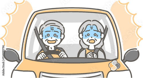 驚いて青ざめた表情の、車を運転する高齢者のイラスト
