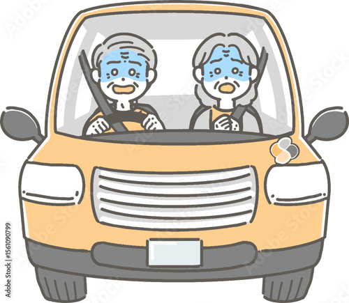 驚いて青ざめた表情の、車を運転する高齢者のイラスト
