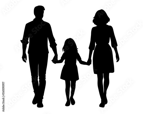 Family silhouette, a father, mother and daughter walking hand in hand, isolated icon on white background	