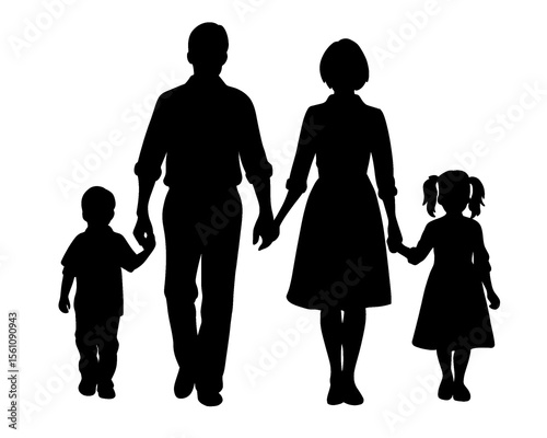 Family silhouette, a father, mother and their son and daughter walking hand in hand, isolated icon on white background	