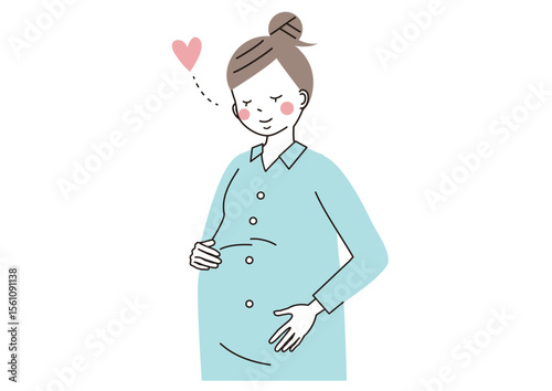 幸せそうに大きなお腹をなでる妊婦さんのイラスト（上半身）
