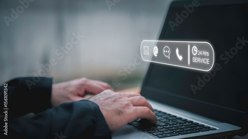 24-7 customer service support concept. Businessman hands holding digital contact icons, including email, phone, and chat, representing communication, accessibility, and online business care.