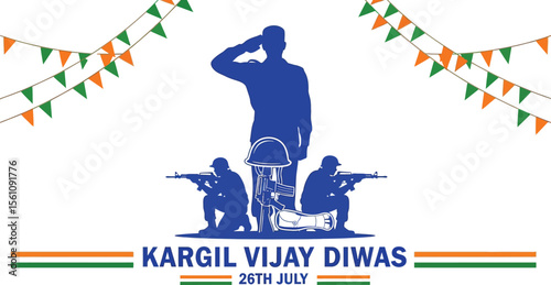 Illustration for kargil vijay diwas featuring soldiers, indian flag colors, and patriotic imagery