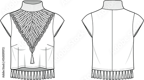 High neck crop top, macrame tassel fashion sketch, flat technical drawing, front back view, tribal boho style garment illustration flat vector illustration