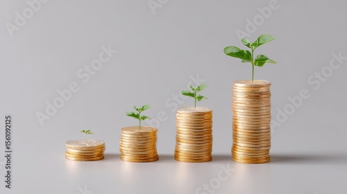 Gold coins stacked in ascending order with green sprout growing from the tallest pile