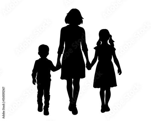 Family silhouette, a mother and her son daughter walking hand in hand, isolated icon on white background	