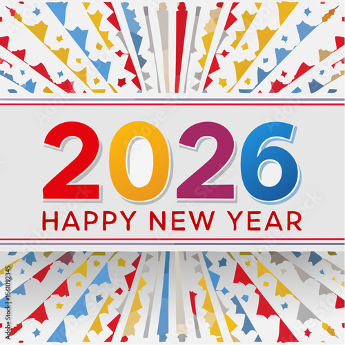 Happy New Year 2026 Colorful Design: A vibrant and festive design celebrating the arrival of 2026. Colorful numbers, geometric patterns.