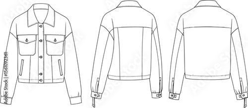 Fashion flat sketch of classic denim jacket, technical drawing, front, back and side view, with pockets, collar, cuff details  flat vector illustration