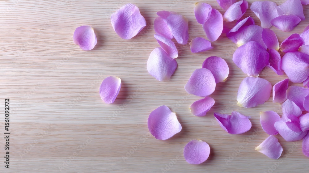 Obraz premium Minimalist background of flower petals scattered across a light pastel wooden surface, spring freshness and copy space