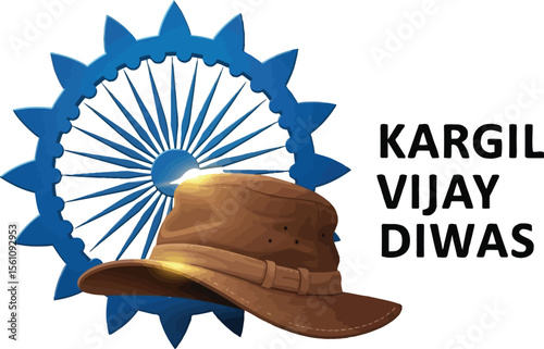 Illustration featuring a brown hat, blue chakra, and the text kargil vijay diwas on a gray background