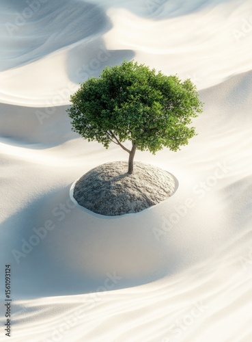 A solitary green tree stands on a small mound of earth, amidst a vast expanse of rippling white sand dunes