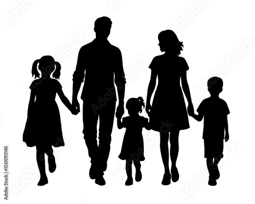 Family silhouette, a father, mother and their son and daughter walking hand in hand, isolated icon on white background	