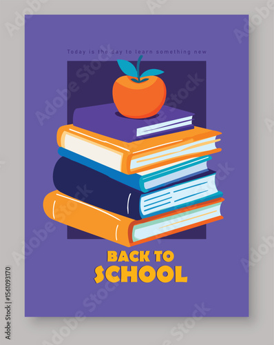 Back to School Vector Illustration with Apple on Books.