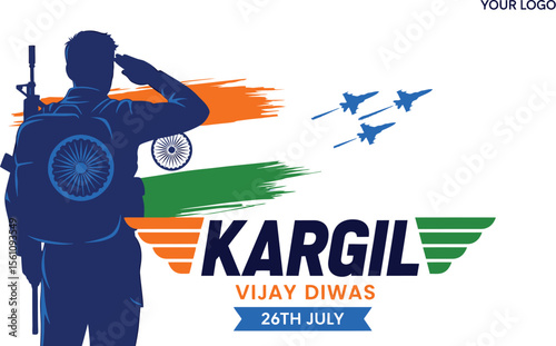 A kargil vijay diwas graphic with a soldier saluting and fighter jets against indian flag colors