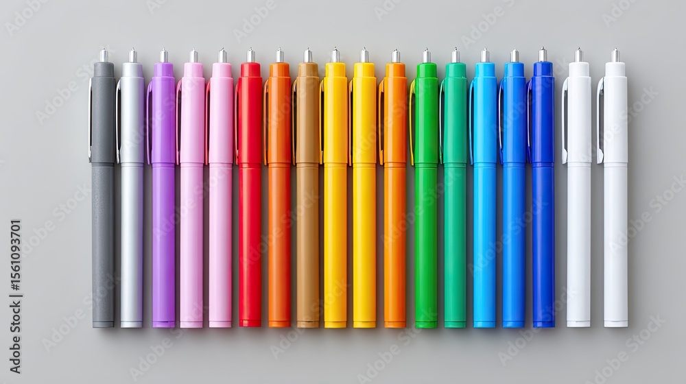 Obraz premium Set of ballpoint pens and markers lined in color order on plain desktop, creative supplies theme