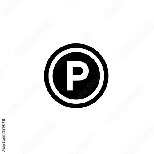 Parking sign icon with circular border and letter P representing public or private car parking area