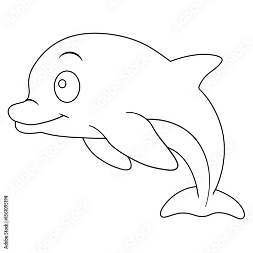 A simple line drawing of a dolphin, featuring a bold outline suitable for coloring. The dolphin is depicted with a curved body, a smiling expression, and prominent dorsal and pectoral fins.