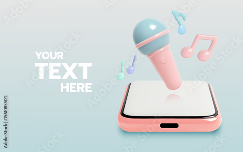 3D Pastel Microphone Bursting from Smartphone with Floating Music Notes Illustration