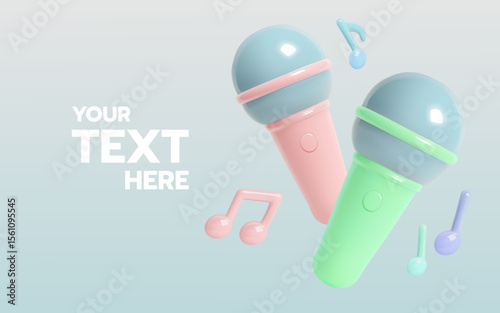 Pastel Dual Microphones with Floating Music Notes in Soft 3D Cartoon Style Illustration