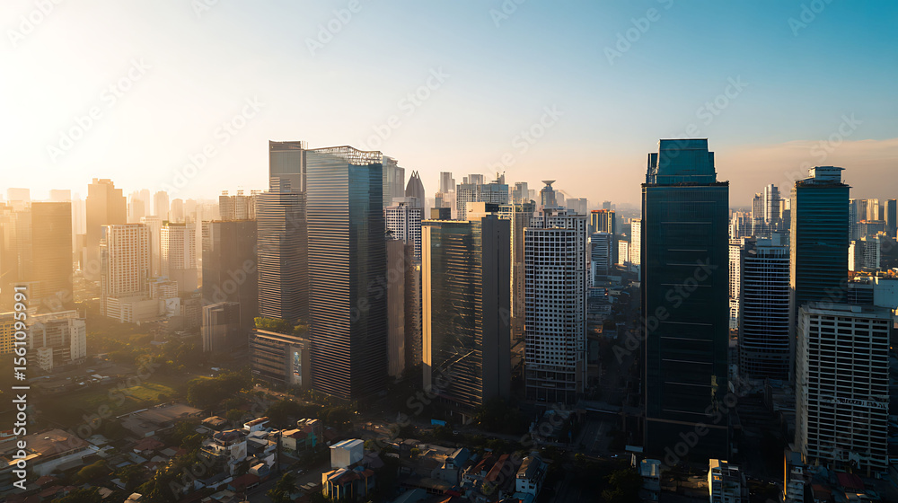 Fototapeta premium Aerial cityscape of modern downtown during golden hour with dramatic sunset and shadows