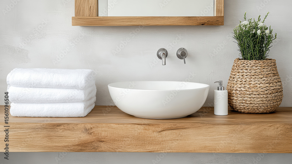 Fototapeta premium Modern bathroom counter with white bowl, towels, and decorative plant