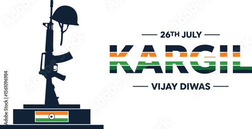 Kargil vijay diwas commemoration with rifle and helmet against india map background design banner