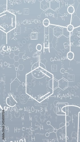 Animation of science icons and mathematical equations over grey background