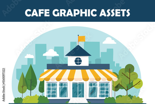Flat vector illustration showcasing an outdoor terrace cafe with tables and striped awning at sunset. Ideal for event flyers and hospitality visuals.