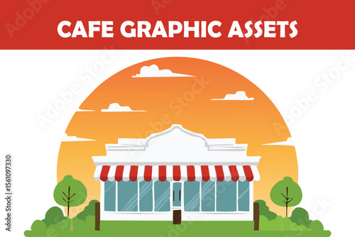 Flat vector of a classic yellow cafe storefront with "CAFFE" sign and surrounding greenery. Great for European café branding and design.