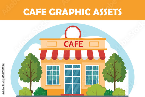Flat vector depiction of a cozy cafe storefront with red-striped awning and lush trees. Perfect for restaurant branding, menus, and hospitality design.