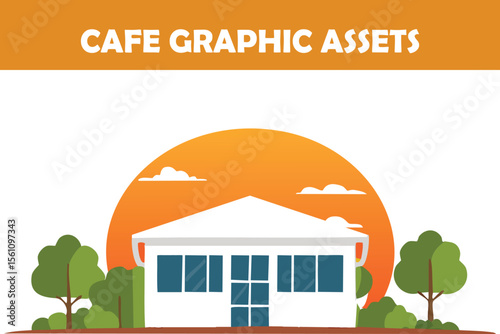 Simple flat vector of a minimalist white cafe building with clean lines and sunset backdrop. Excellent for stylish branding or app icons.