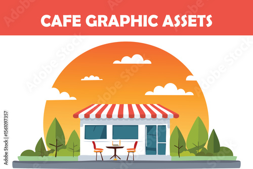 Flat vector of a modern urban cafe with clock tower, yellow-striped awning, and city backdrop. Perfect for city branding and restaurant design.