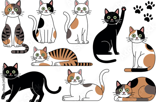 A collection of cartoon cats in various poses and colors, including black, calico, and tabby cats


