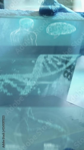 Animation of data processing over caucasian male scientist in laboratory