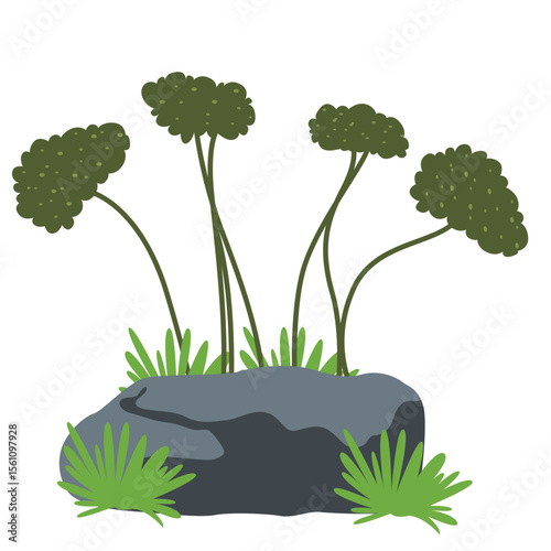 2D illustration of small green trees growing on a dark rock, ideal for nature scenes, garden decor, or educational illustrations.