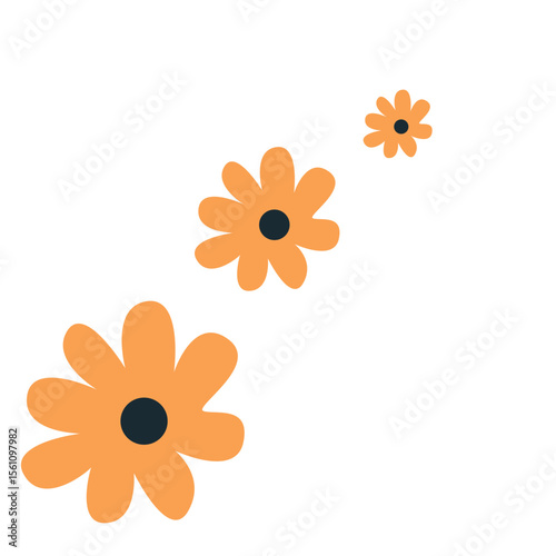 2D illustration of small scattered orange flowers with black centers, perfect for spring backgrounds, cute decorations, or children’s designs.