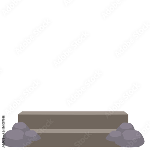 2D illustration of a wooden stage or platform with stones around, perfect for game design, UI assets, or outdoor nature settings.